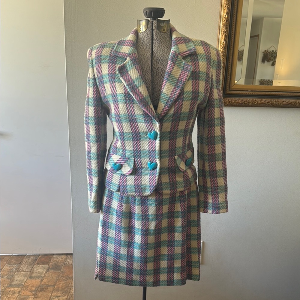 Vintage Cerisee Plaid Women's Jacket & Skirt Set